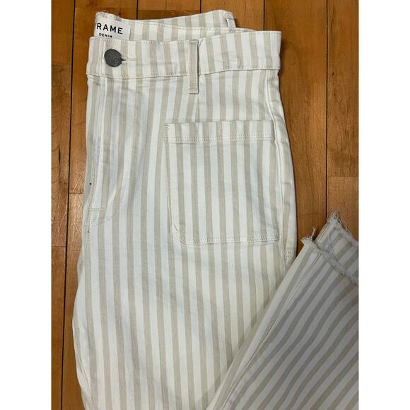 Frame Le Crop Tan White Striped Frayed Hem Cropped Flare Jeans Size 30 - Picture 2 of 7